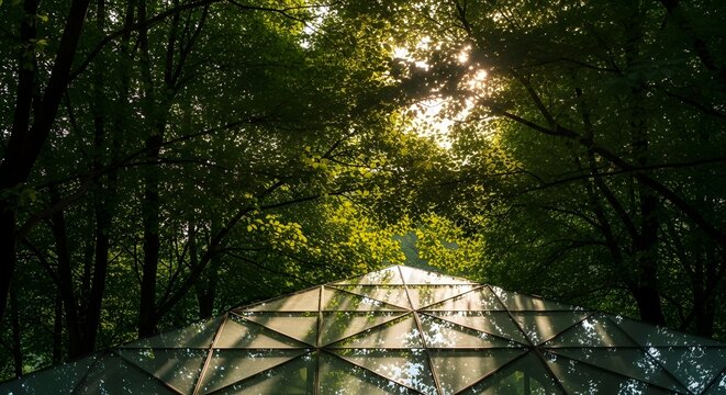Sunlight filtering through a dense forest canopy onto a winding path