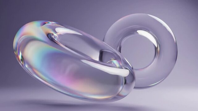 Abstract iridescent glass torus shapes in soft lavender lighting
