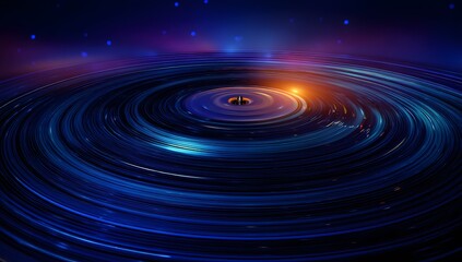 A cosmic abstract image with circular ripples and celestial elements. This artwork has dark blue, purple and yellow tones