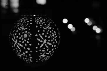Closeup of Lawn Lamp with Dragonfly Images in Black and White
