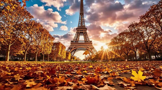 Eiffel tower in autumn with golden leaves covering the ground and sunset sky