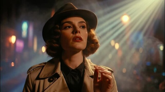 Elegant woman in a trench coat and fedora exhaling smoke on a moody city street at night for a film noir concept and dramatic ambiance