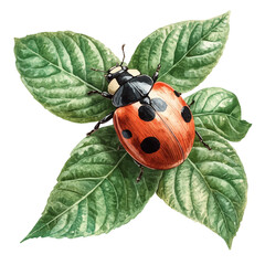 Ladybug Crawling Spring Leaves, vector watercolor clipart with soft pastel strokes, isolated on a white background. © brixel