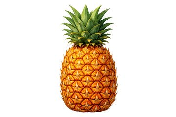 Ripe whole pineapple standing upright, showing vibrant yellow skin and green spiky leaves, transparent background