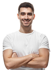 Obraz premium Confident man smiling with arms crossed showing positive attitude and self-assurance