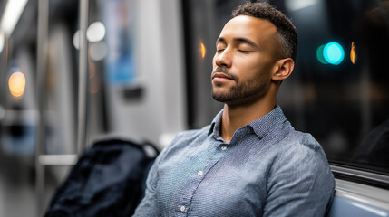 Fototapeta premium Faceless man meditating on subway train, mindful commuting practice, peaceful transit moment, stress management during travel, urban meditation lifestyle, mental wellness in