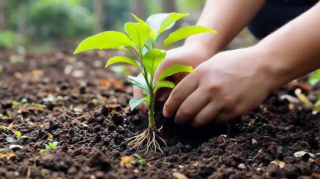Hands planting young tree sapling
