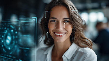 Faceless smiling woman with digital facial recognition scan, data scanning, artificial intelligence technology recognizing smiling face, biometric identification, facial