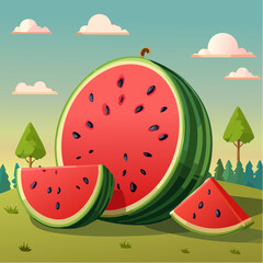 Dojrzały, smaczny arbuz przekrojony na p&oacute;ł z widocznym  czerwonym miąższem i pestkami