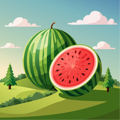 Dojrzały, smaczny arbuz przekrojony na p&oacute;ł z widocznym  czerwonym miąższem i pestkami