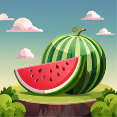 Dojrzały, smaczny arbuz przekrojony na p&oacute;ł z widocznym  czerwonym miąższem i pestkami