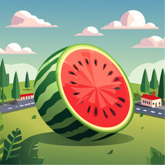 Dojrzały, smaczny arbuz przekrojony na p&oacute;ł z widocznym  czerwonym miąższem i pestkami