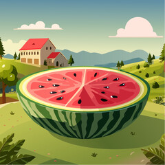 Dojrzały, smaczny arbuz przekrojony na p&oacute;ł z widocznym  czerwonym miąższem i pestkami