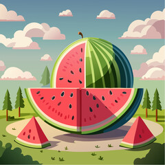 Dojrzały, smaczny arbuz przekrojony na p&oacute;ł z widocznym  czerwonym miąższem i pestkami