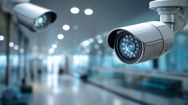 Security camera in bright white hallway, surveillance equipment monitoring premises, safety protection system, commercial building security, facility protection technology,