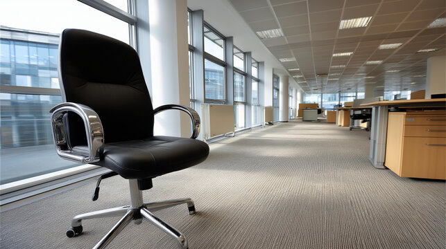 Empty office chair centered in long vacant office space ready for return, awaiting work setup, corporate workspace, professional business environment, commercial premises