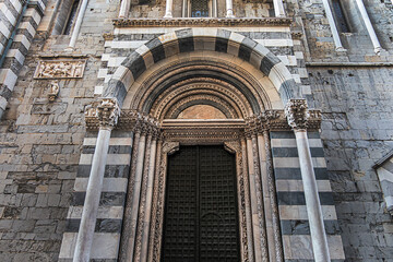 Fragment of Roman Catholic Cathedral of Genoa is a cathedral dedicated to Saint Lawrence; the seat of the Archbishop of Genoa. GENOVA, ITALY.