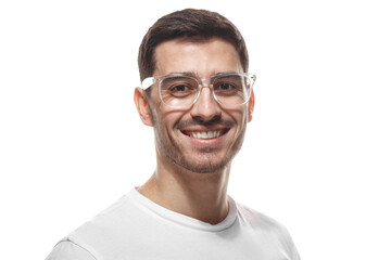 Obraz premium Young man with clear eyeglasses smiling warmly showing positive friendly demeanor