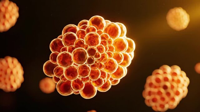 Cluster of orange glowing cells in dark environment, microscopic view of biological structure