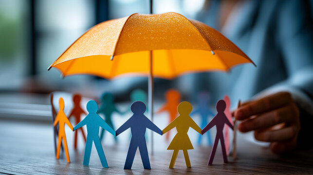 Colorful paper people figures standing together under open orange umbrella, symbolizing group protection and security for team members, life and health benefit concept, insurance