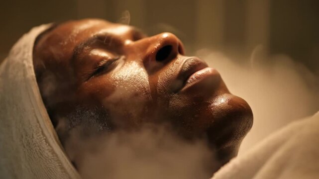 Closeup medium shot of warm steam enveloping a clients face to open pores before applying serum for deep hydration.