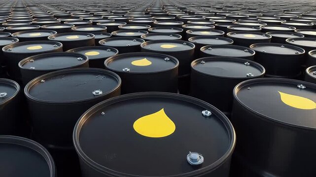 Rows of black oil barrels in storage