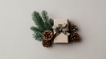 Gift box wrapped in brown paper with green ribbon and pinecones on a soft background