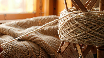 Fototapeta premium Yarn and knitting materials arranged on wooden table in cozy setting 
