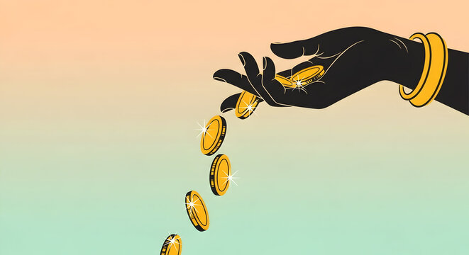 Dark hand with golden bangles dropping gold coins representing wealth and prosperity