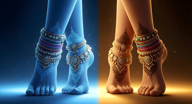 Divine blue feet and human feet wearing traditional indian anklets
