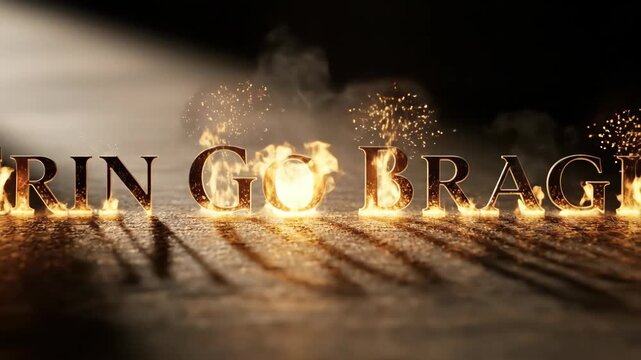 Erin Go Bragh text glowing and sparking with fire effect. Dynamic 3D animation for St. Patricks Day celebration and Irish heritage.