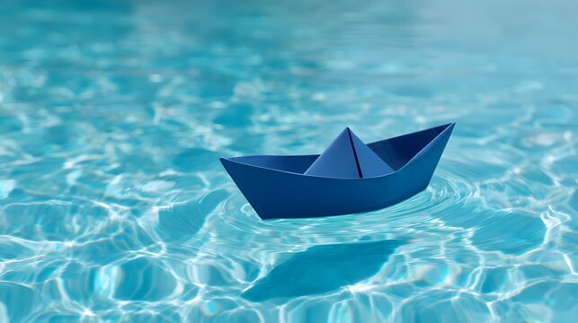 Blue paper boat floats on clear pool water under bright spring sunlight, creating ripples