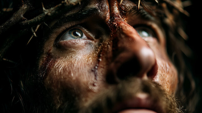 Close up portrait of Jesus Christ with a crown of thorns and blood on his face