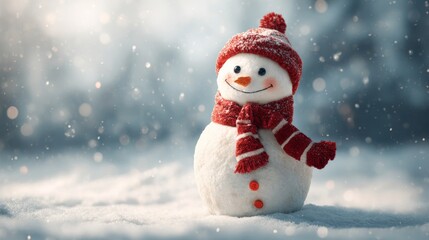Snowman wearing red scarf and hat, standing in snowy landscape with soft falling snowflakes
