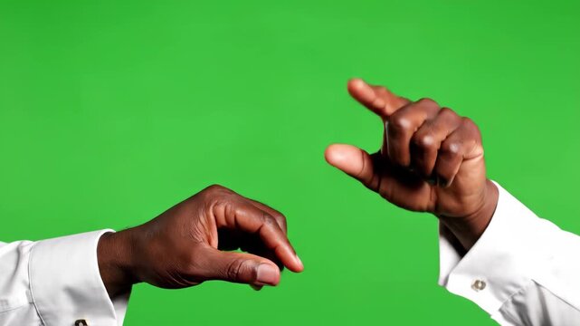 Closeup of two darkskinned hands in white cuffs making american sign language asl letter o and d signs against a green screen background