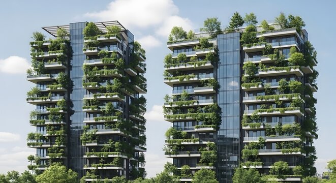 Twin skyscrapers with lush vertical gardens reaching towards the sky