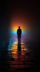 Silhouette of a man standing on a wet cobblestone path illuminated by colorful foggy lights