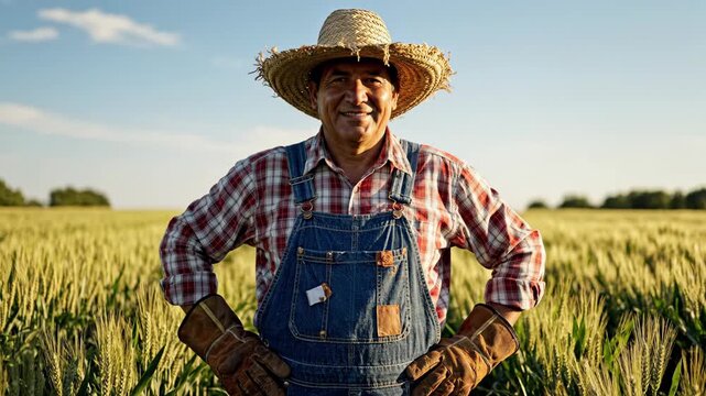 Labor Day farmer portrait. Realistic outdoor portrait of a farmer in a cultivated field on Labor Day, dressed in a straw hat and work gloves under open sky.