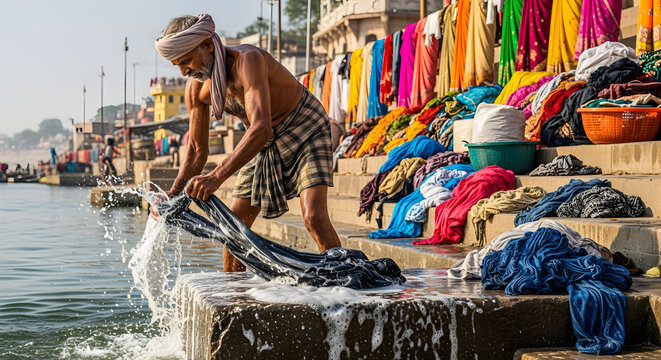 Indian man washing clothes by hand on stone steps by a riverbank with colorful laundry