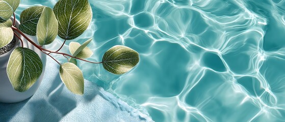 Potted plant with green variegated leaves casts shadow on bright blue textured fabric near rippling water creating abstract patterns in sunlight, evoking a serene, summery atmosphere