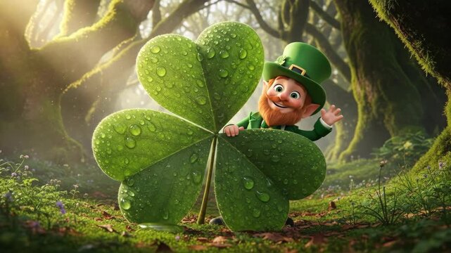 Smiling leprechaun peeking from behind a large four leaf clover, animated sequence showing his appearance and wave in a magical forest.
