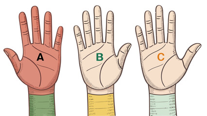 Fototapeta premium Illustration showing three distinct human hands labeled A, B, and C, used for palmistry readings, fortune telling, and hand analysis.