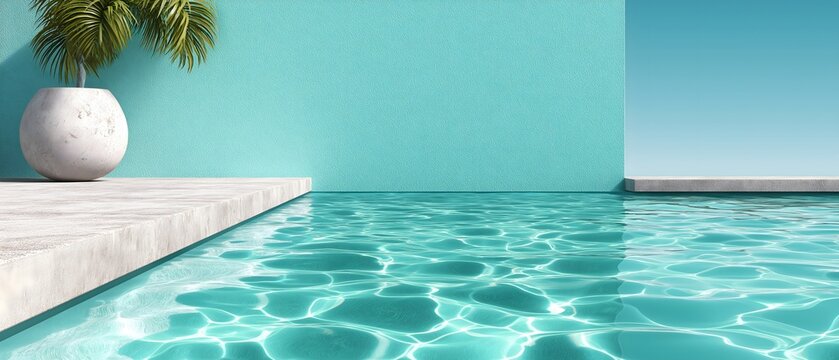 Modern pool scene with crystal-clear water reflecting sunlight, creating a serene atmosphere. A potted plant adds greenery to the minimalistic turquoise and concrete setting