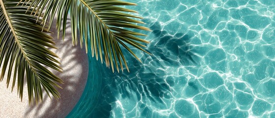 Palm leaf casting shadow over shimmering turquoise water with visible ripples, capturing a tropical and serene atmosphere. Light refraction creates abstract patterns beneath the surface