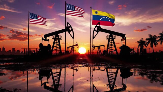 Oil pump jacks silhouette with us and venezuela flags at sunset over muddy ground