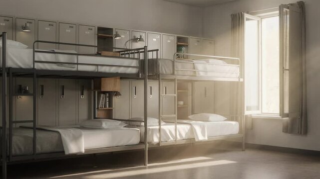 Medium shot of a singlegender hostel dorm room highlighting neat bunk beds and individual lockers with sunlight filtering through a partially open window.