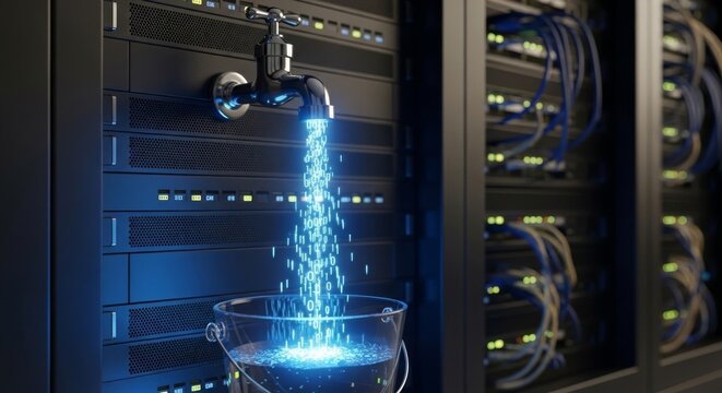 Data flowing from tap into bucket in server room represents data leak