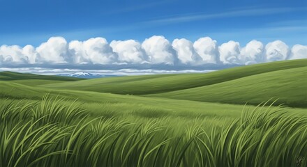 Green Meadow with Blue Sky and White Clouds, Landscape Background