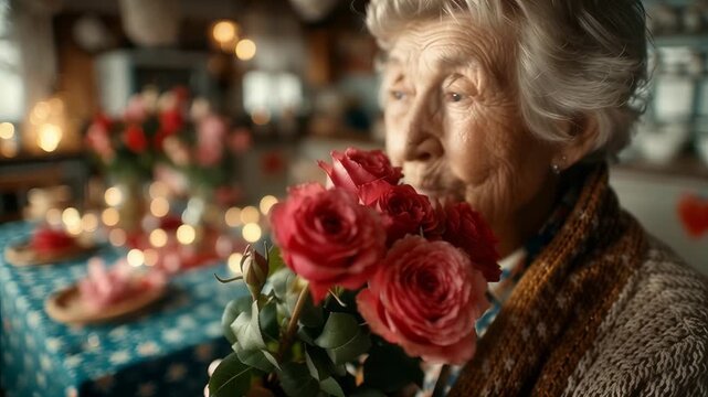 A woman gently holds a jar of vibrant red roses, creating a warm and inviting atmosphere