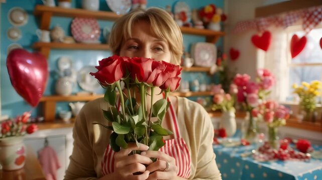 A woman gently holds a jar of vibrant red roses, creating a warm and inviting atmosphere